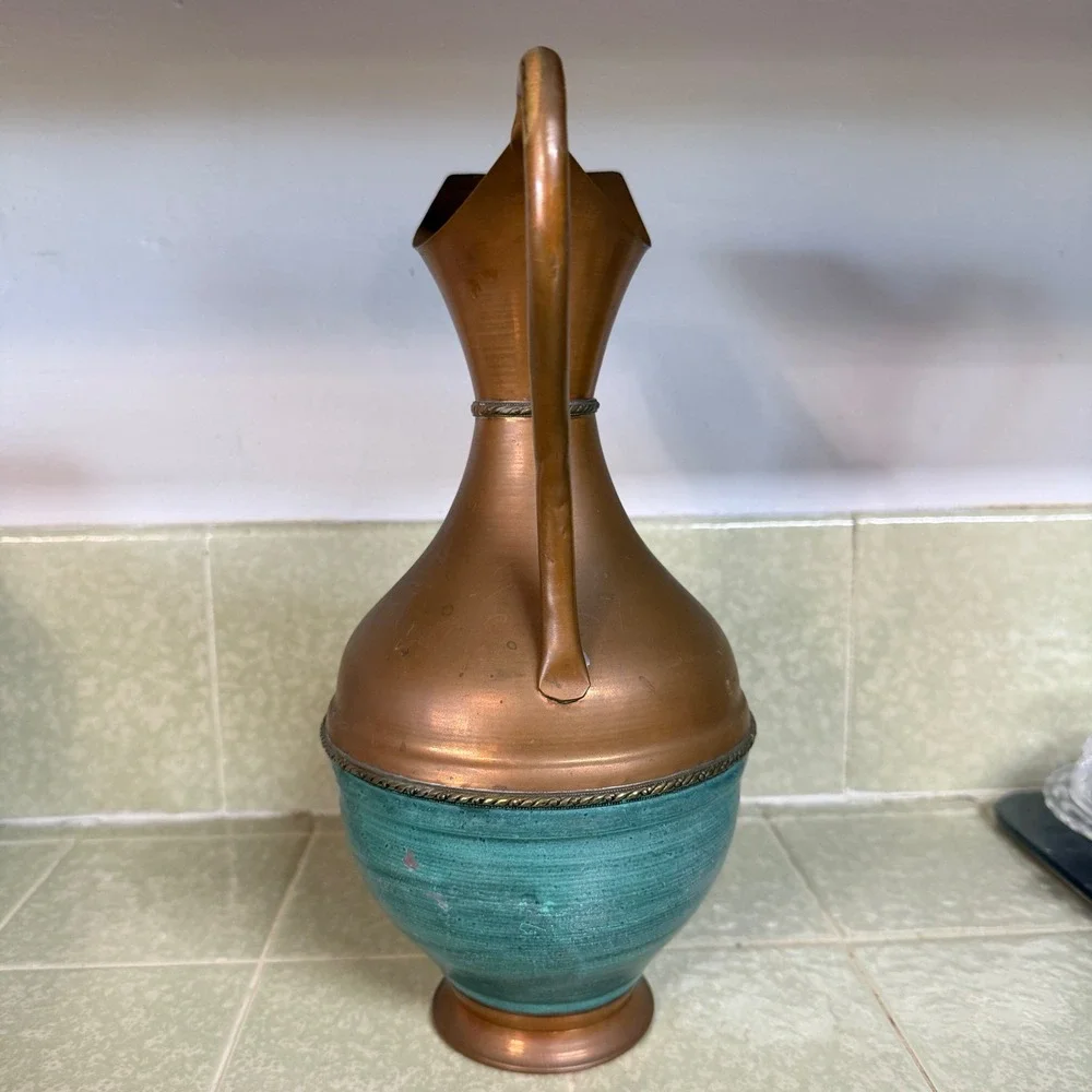 Vintage Copper Pitcher Ewer Verdigris‎ Teal Patina Decorative Vase 11.5 Inch